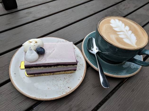Blueberry Opera Cake & Bailey's Latte at "Stock" (in Banff Springs Hotel)